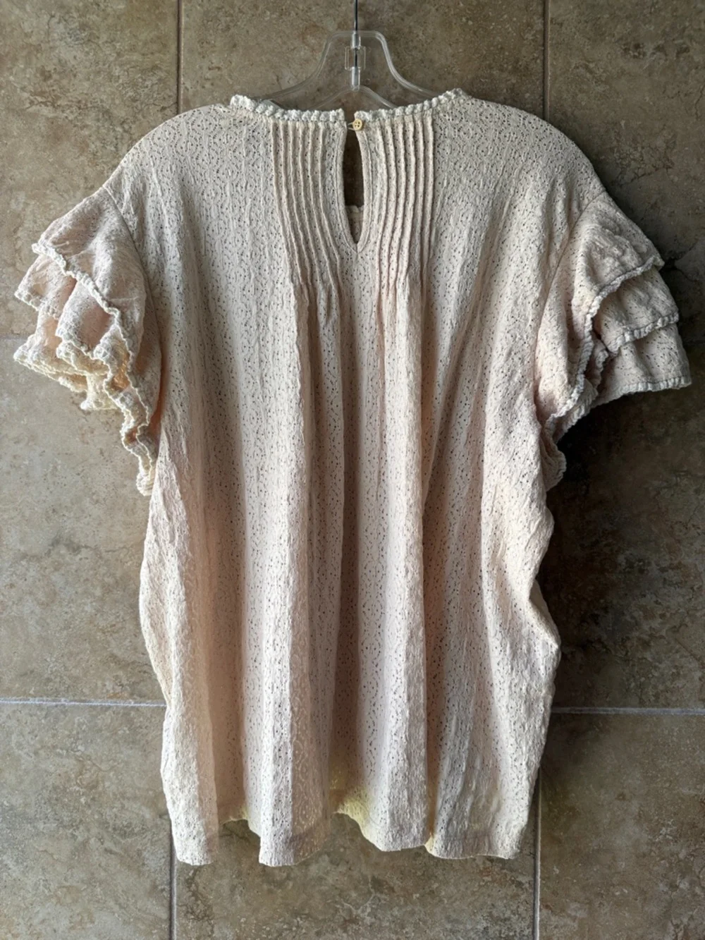 Anthropologie Lace Blouse Cream Pintucked Top Stretch Flutter Ruffle Sleeve XL - Picture 8 of 17